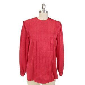 Vintage 80's Halston III Red Pleat Front Blouse Top Size S Button Back Long Slv